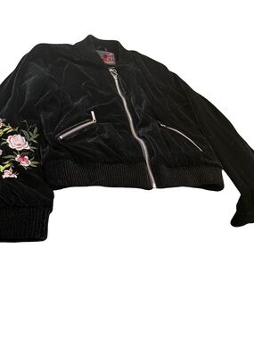 Yoki Black Velvet Bomber Jacket with Floral Sleeve Embroidery